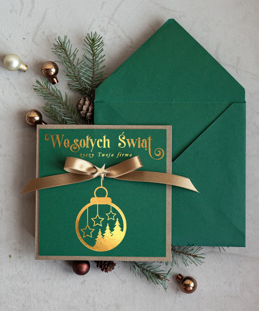 Kartki świąteczne z logo firmy Kokardki  Złocone kartki na święta z logo firmy, świąteczna kartka biznesowa z kokardką i welurem, nowoczesna firmowa kartka bożonarodzeniowa1