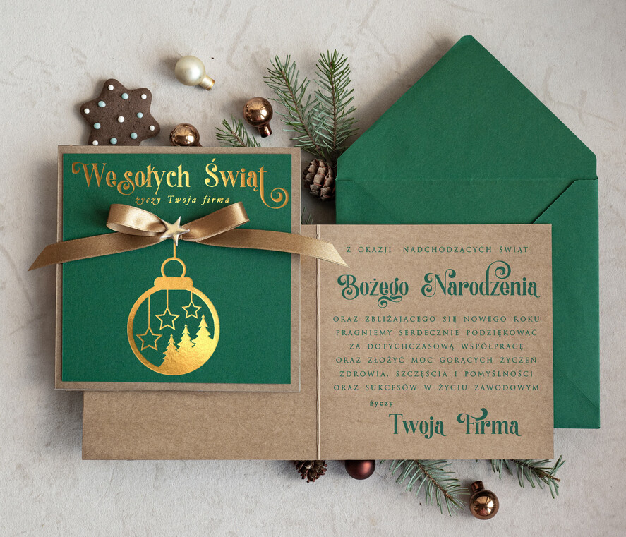 Kartki świąteczne z logo firmy Kokardki  Złocone kartki na święta z logo firmy, świąteczna kartka biznesowa z kokardką i welurem, nowoczesna firmowa kartka bożonarodzeniowa0