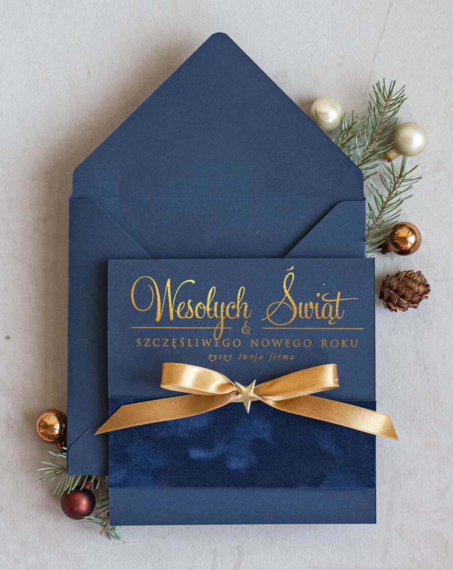 Kartki świąteczne z logo firmy Kokardki  Złocone kartki na święta z logo firmy, świąteczna kartka biznesowa z kokardką i welurem, nowoczesna firmowa kartka bożonarodzeniowa0