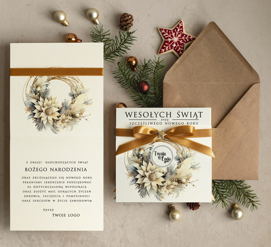 Kartki świąteczne z logo firmy Kokardki  bozonarodzeniowe kartki swiateczne z logo firmy, firmowa biznesowa kartka świąteczna, eleganckie kartki świateczne z kokardką dla firm1