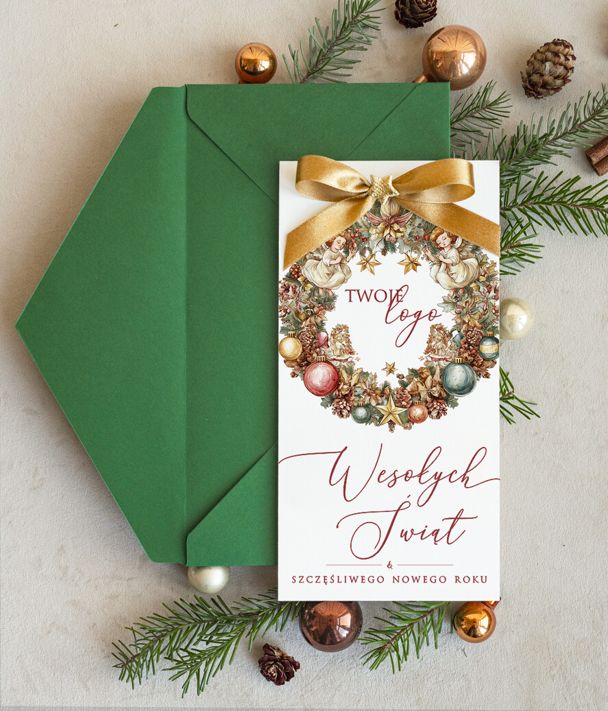 Kartki świąteczne z logo firmy Kokardki  biznesowe kartki świąteczne z Twoim logo, składane bożonarodzeniowe kartki z kokardką0