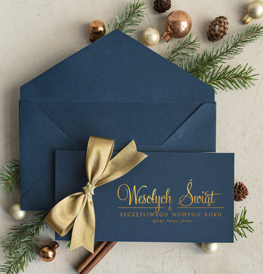 Kartki świąteczne z logo firmy Kokardki  Złocone kartki na święta z logo firmy, świąteczna kartka biznesowa z kokardką i złotymi napisami, nowoczesna firmowa kartka bożonarodzeniowa0