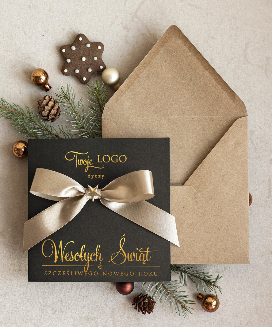 Kartki świąteczne z logo firmy Kokardki  Złocone kartki na święta z logo firmy, świąteczna kartka biznesowa z kokardką i złotymi napisami, nowoczesna firmowa kartka bożonarodzeniowa1