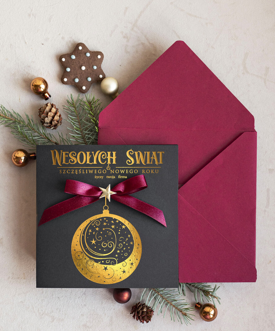 Kartki świąteczne z logo firmy Kokardki  Złocone kartki na święta z logo firmy, świąteczna kartka biznesowa z kokardką zloconąbombką, nowoczesna firmowa kartka bożonarodzeniowa1