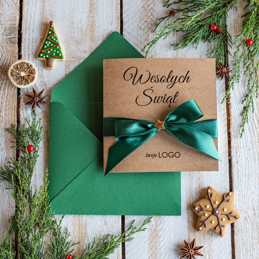Kartki świąteczne z logo firmy Kokardki  kartki swiateczne z logo firmy, świąteczne kartki ze wstążką, firmowe kartki swiateczne, kartki świąteczne dla pracowników 0