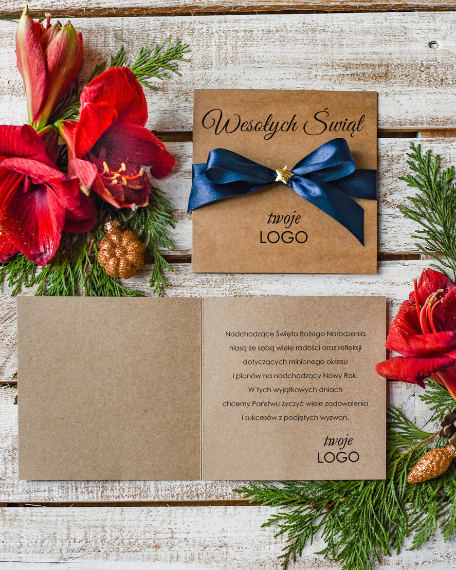 Kartki świąteczne z logo firmy Kokardki  firmowe kartki swiateczne z logo składane bożonarodzeniowe kartki z kokardką, kartki swiateczne z logo firmy, świąteczne kartki ze wstążką1