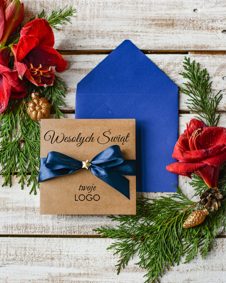 Kartki świąteczne z logo firmy Kokardki  firmowe kartki swiateczne z logo składane bożonarodzeniowe kartki z kokardką, kartki swiateczne z logo firmy, świąteczne kartki ze wstążką0