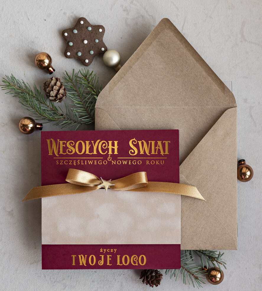 Kartki świąteczne z logo firmy Kokardki  Złocone kartki na święta z logo firmy, świąteczna kartka biznesowa z kokardką i welurem, nowoczesna firmowa kartka bożonarodzeniowa0