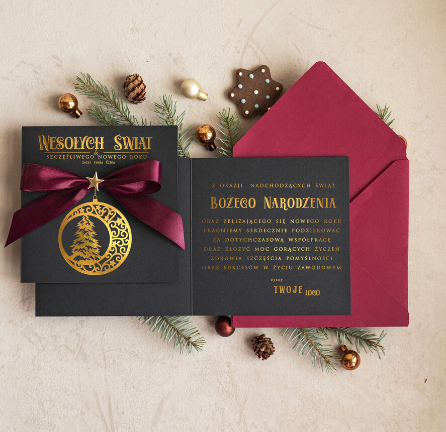 Kartki świąteczne z logo firmy Kokardki  Złocone kartki na święta z logo firmy, świąteczna kartka biznesowa z kokardką i złotymi napisami, nowoczesna firmowa kartka bożonarodzeniowa1