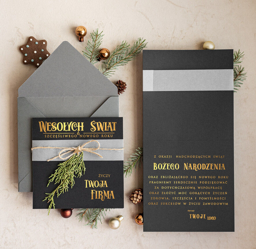 Kartki świąteczne z logo firmy Kokardki  Złocone kartki na święta z logo firmy, świąteczna kartka biznesowa ze złotymi napisami, nowoczesna firmowa kartka bożonarodzeniowa0