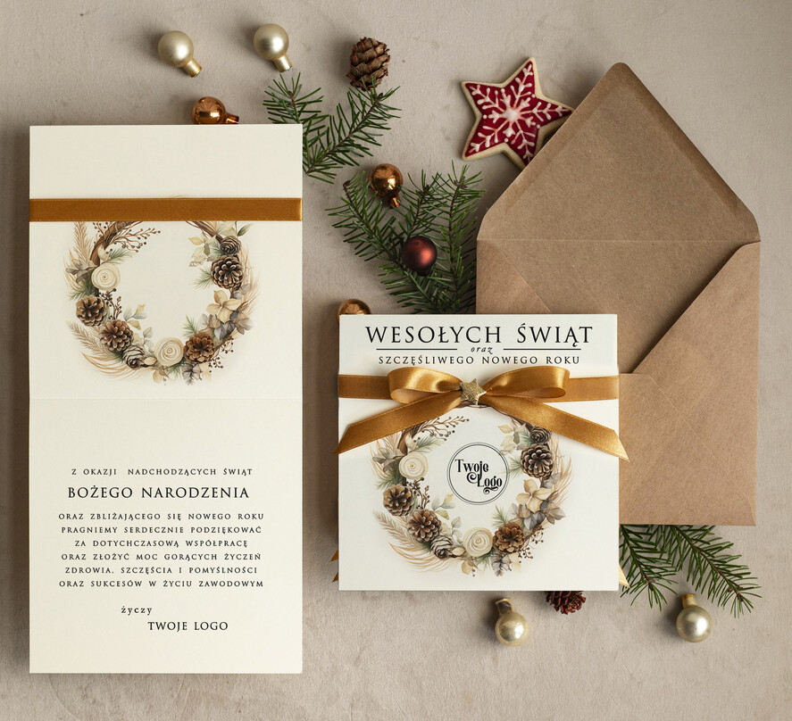 Kartki świąteczne z logo firmy Kokardki  bożonarodzeniowe kartki swiateczne z logo firmy, firmowa biznesowa kartka świąteczna, firmowe kartki noworoczne życzenia z kokardką dla firm1