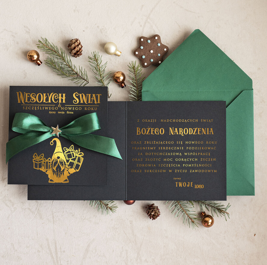 Kartki świąteczne z logo firmy Kokardki  Złocone kartki na święta z logo firmy, świąteczna kartka biznesowa z kokardką i złotą grafiką, nowoczesna firmowa kartka bożonarodzeniowa1