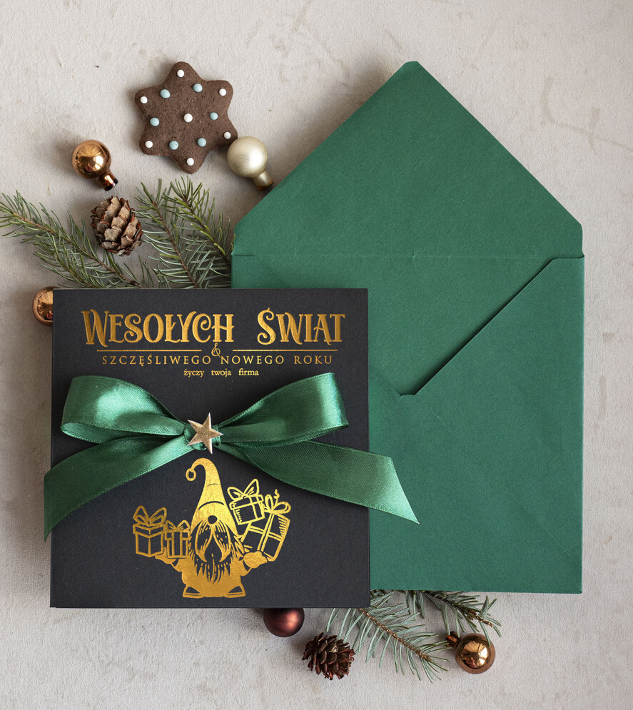 Kartki świąteczne z logo firmy Kokardki  Złocone kartki na święta z logo firmy, świąteczna kartka biznesowa z kokardką i złotą grafiką, nowoczesna firmowa kartka bożonarodzeniowa0