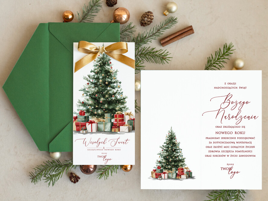 Kartki świąteczne z logo firmy Kokardki  kartka świąteczna dla firmy z logo, białe kartki z motywem świątecznym i kokardką1