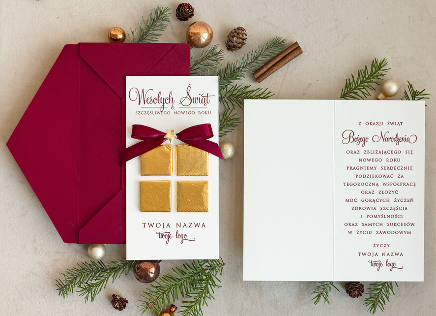 Kartki świąteczne z logo firmy elegance kartka świąteczna z czekoladką dla firmy z logo biznesowe kartki swiateczne dla firm z pralinką1