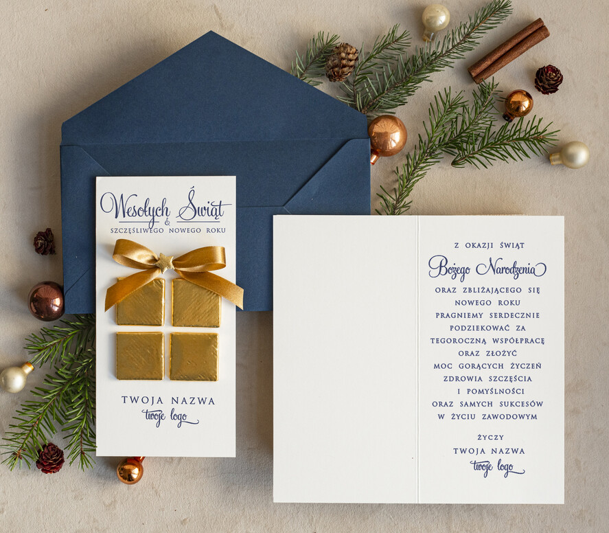 Kartki świąteczne z logo firmy elegance kartka świąteczna z czekoladką dla firmy z logo biznesowe kartki swiateczne dla firm z pralinką1