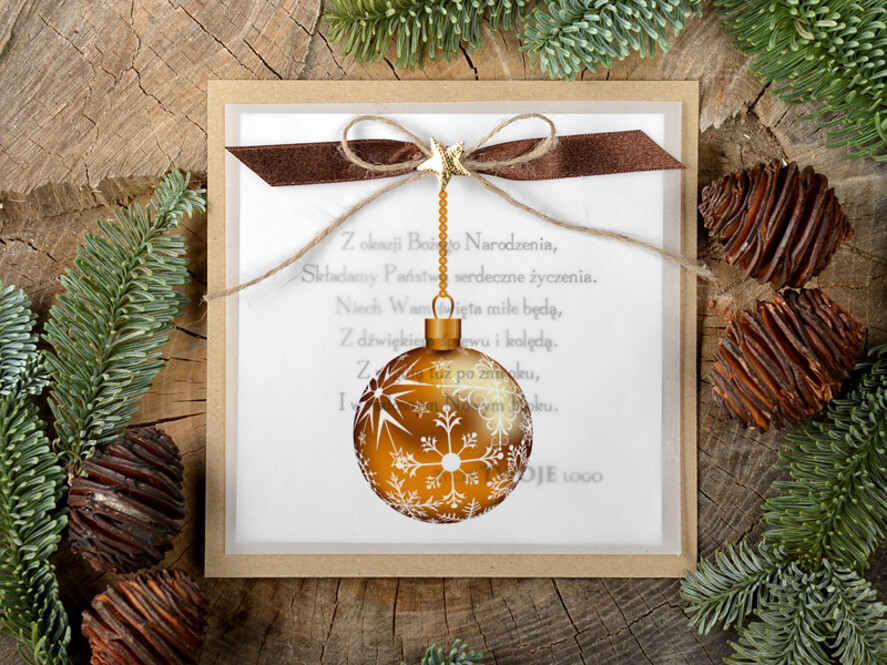 Kartki świąteczne z logo firmy retro firmowe kartki świąteczne z logo twojej firmy, eco brąz ze sznurkiem0