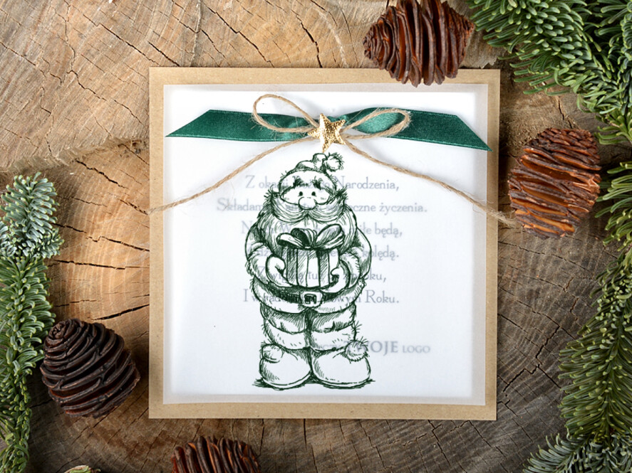 Kartki świąteczne z logo firmy retro ręcznie robione kartki świąteczne z logo firmy, kalkowe ze wstążką0