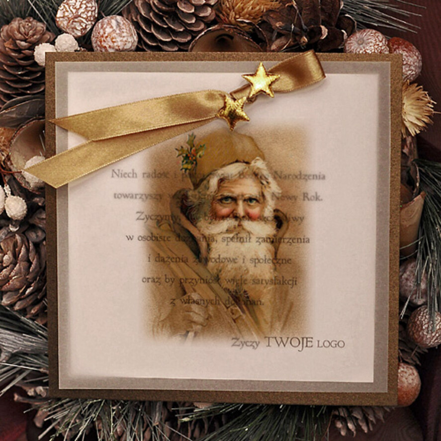 Kartki świąteczne z logo firmy retro ręcznie robione kartki świąteczne z logo firmy, kalkowe ze wstążką0