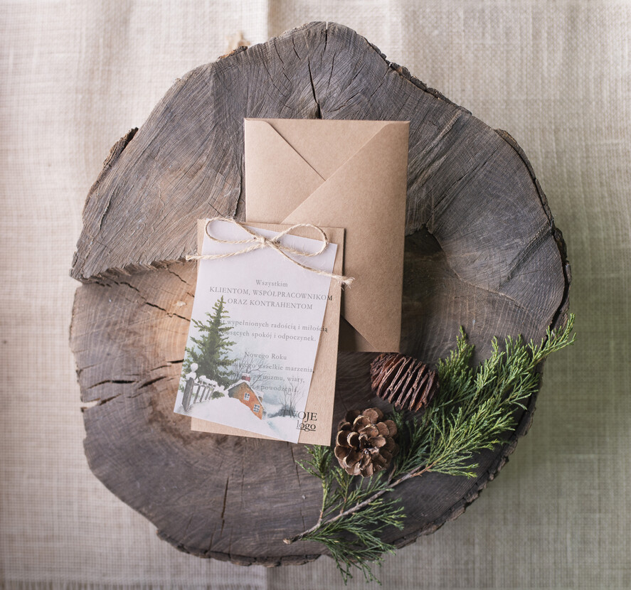 Kartki świąteczne z logo firmy retro kartka świąteczna z logo firmy, retro ze sznurkiem i wstążką0