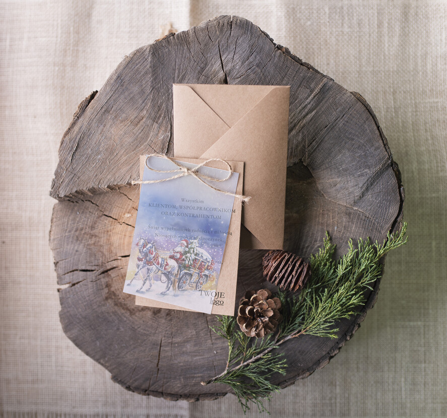 Kartki świąteczne z logo firmy retro kartki swiateczne z logo firmy, eco brąz z kalką0