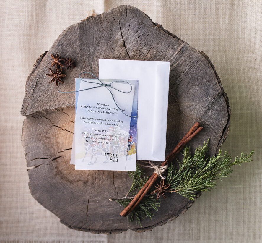 Kartki świąteczne z logo firmy retro firmowe kartki bozonoarodzeniowe z logo, retro ze sznurkiem i wstążką0