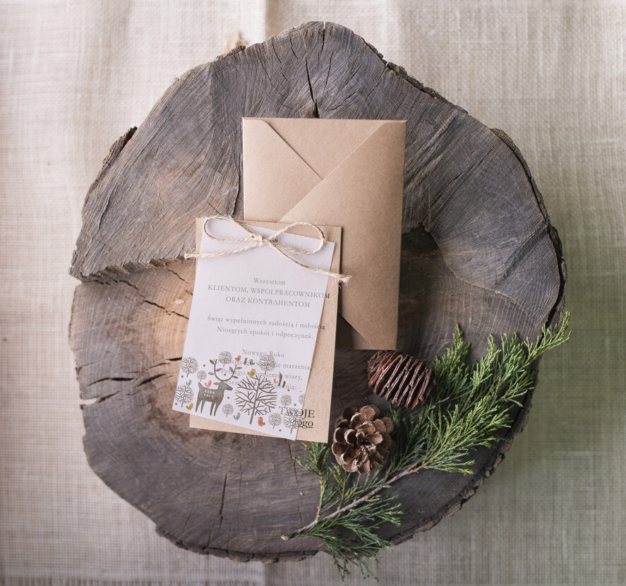 Kartki świąteczne z logo firmy retro firmowe kartki bozonoarodzeniowe z logo, eco brąz ze sznurkiem0