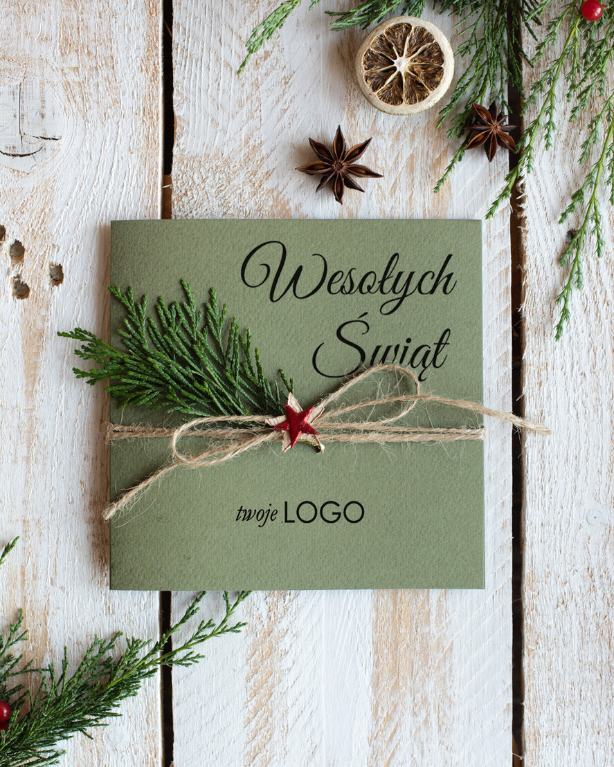 Kartki świąteczne z logo firmy natural firmowe kartki świąteczne z logo twojej firmy, naturalne z drewnianą zawieszką1