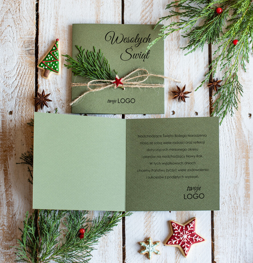 Kartki świąteczne z logo firmy natural firmowe kartki świąteczne z logo twojej firmy, naturalne z drewnianą zawieszką2