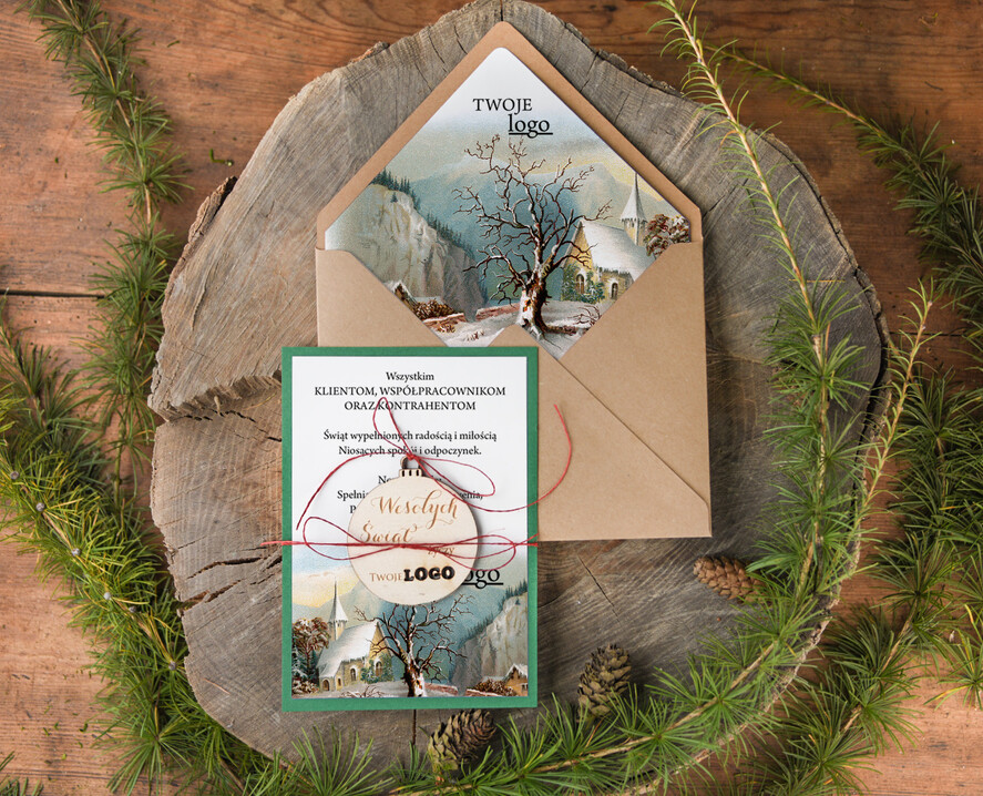 Kartki świąteczne z logo firmy natural biznesowe kartki świąteczne z Twoim logo, naturalne z koronką0