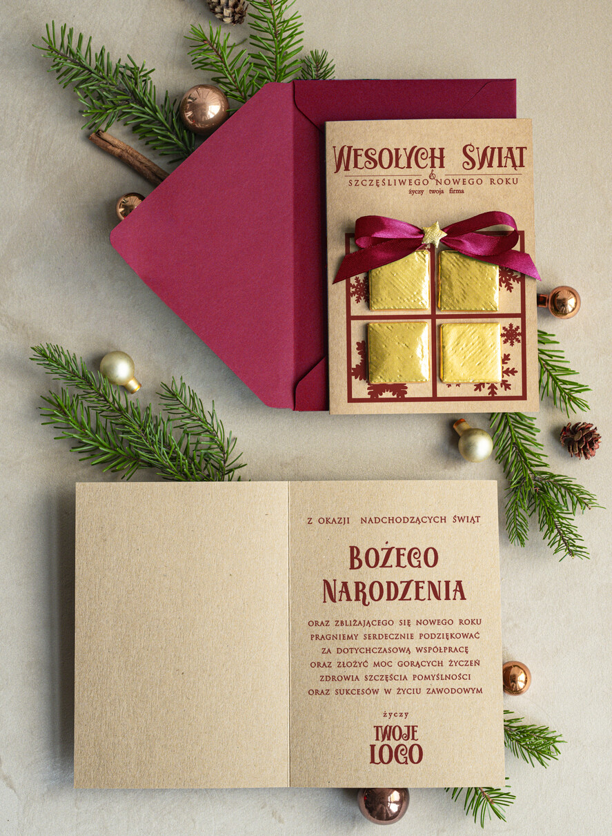 Kartki świąteczne z logo firmy natural kartka świąteczna z logo waszej firmy, ręcznie robione kartki świąteczne z czekoladką, kartki na święta bozegonarodzenia z czekoladkami0