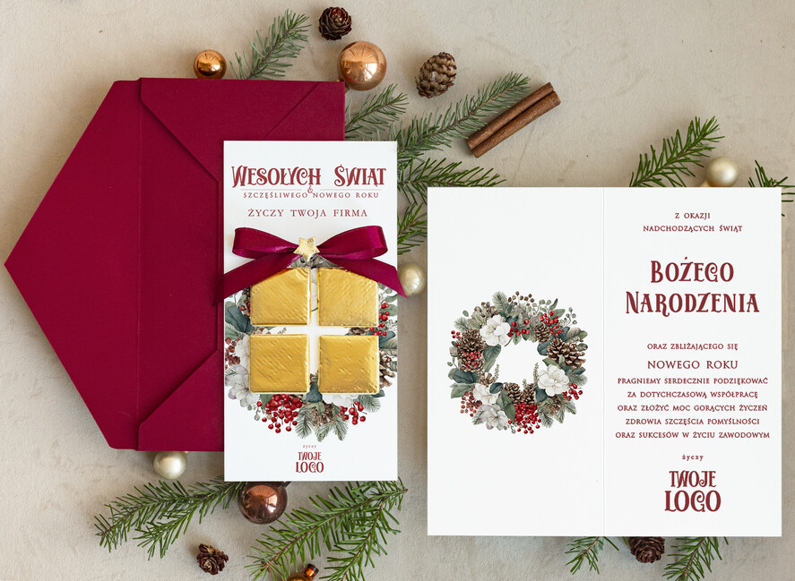 Kartki świąteczne z logo firmy natural kartka świąteczna z logo waszej firmy, ręcznie robione kartki świąteczne z czekoladką, kartki na święta bozegonarodzenia z czekoladkami0