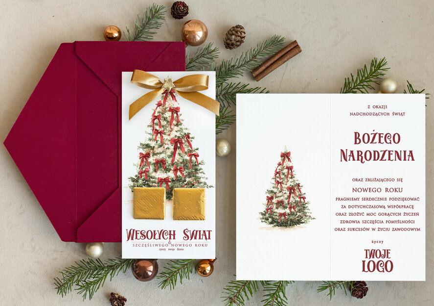 Kartki świąteczne z logo firmy natural kartka świąteczna z logo waszej firmy, ręcznie robione kartki świąteczne z czekoladką, kartki na święta bozegonarodzenia z czekoladkami1
