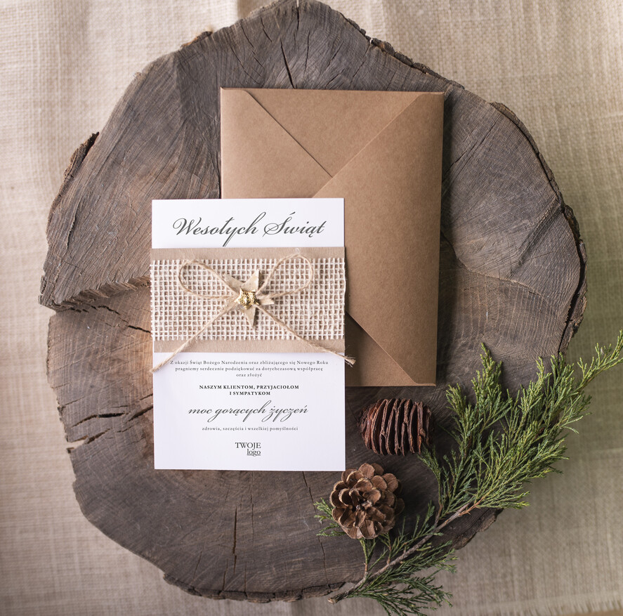 Kartki świąteczne z logo firmy natural kartka świąteczna z logo waszej firmy, naturalne z koronką0