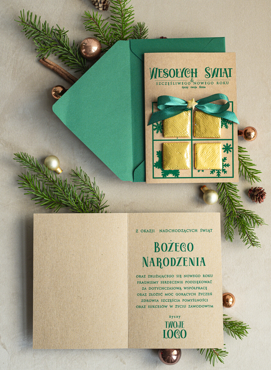 Kartki świąteczne z logo firmy natural kartka świąteczna z logo waszej firmy, ręcznie robione kartki świąteczne z czekoladką, kartki na święta bozegonarodzenia z czekoladkami1
