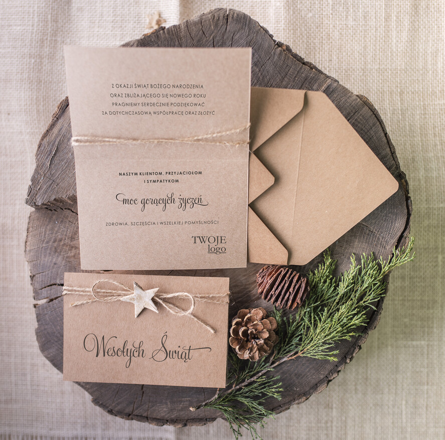 Kartki świąteczne z logo firmy natural Kartki Bożonarodzeniowe z Logo Twojej Firmy, naturalne z koronką0