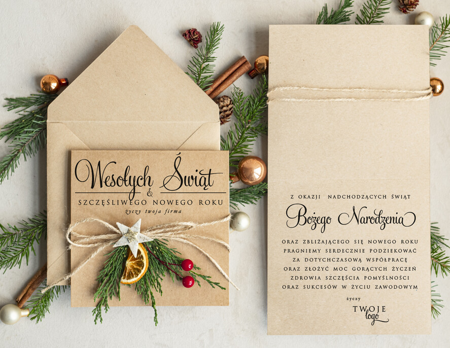 Kartki świąteczne z logo firmy natural ekologiczna kartka świąteczna z twoim logo, biznesowe kartki świąteczne z życzeniami, naturalna eko karta swiateczna1