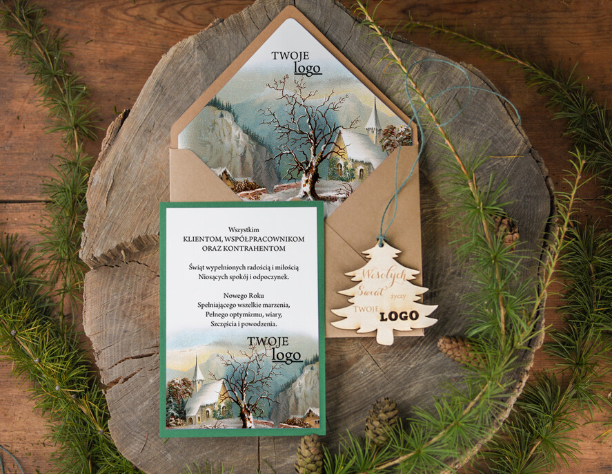 Kartki świąteczne z logo firmy natural Biznesowa kartka swiateczna z logo firmy, naturalne ze wstążką1