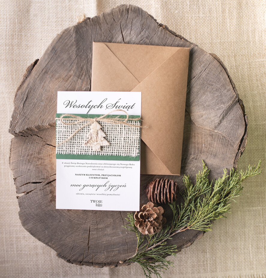 Kartki świąteczne z logo firmy natural kartka świąteczna dla firmy z logo, naturalne z koronką0