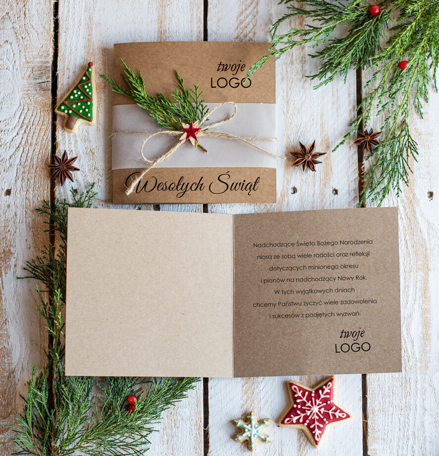 Kartki świąteczne z logo firmy natural kartki świąteczne z logo twojej firmy, naturalne ze wstążką1
