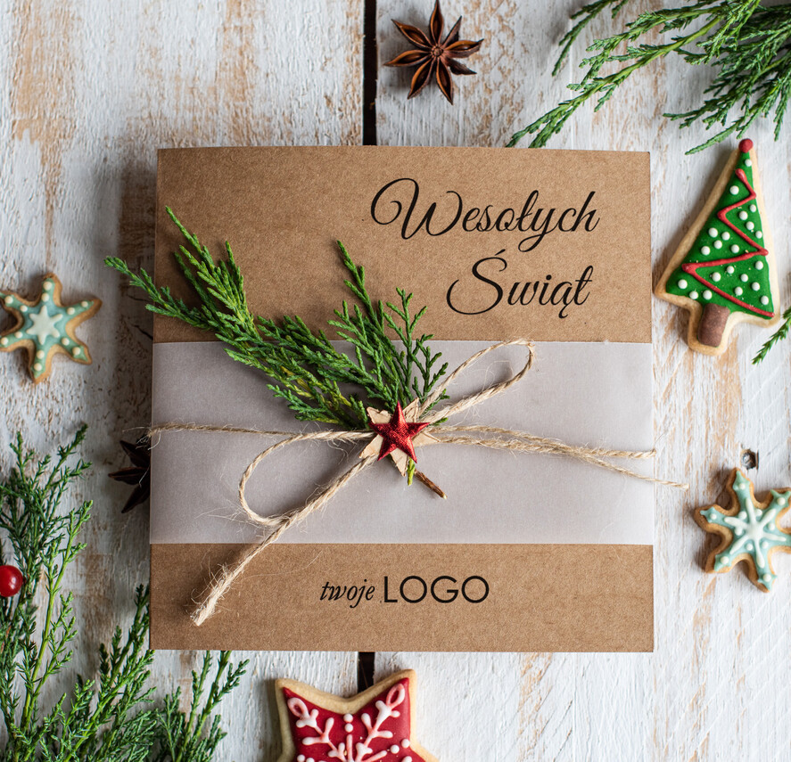 Kartki świąteczne z logo firmy natural kartki świąteczne z logo twojej firmy, naturalne ze wstążką2