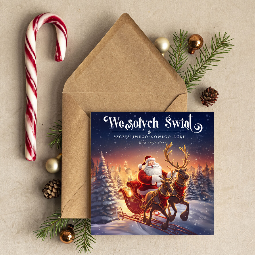 Kartki świąteczne z logo firmy Retro/nowoczesne kartki świąteczne z logo firmy, noworoczne kartki dla firm z logo, kartka bożonarodzeniowa z życzeniami dla klientów0
