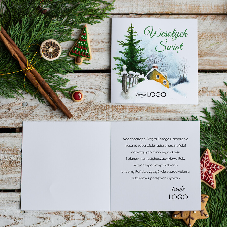Kartki świąteczne z logo firmy Retro/nowoczesne ręcznie robione kartki świąteczne z logo firmy, białe kartki świąteczne z grafiką i sznurkiem1