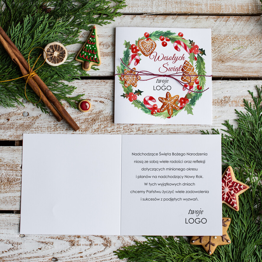 Kartki świąteczne z logo firmy Retro/nowoczesne Kartki Bożonarodzeniowe z Logo Twojej Firmy, pure kartki świąteczne ze wstążką1