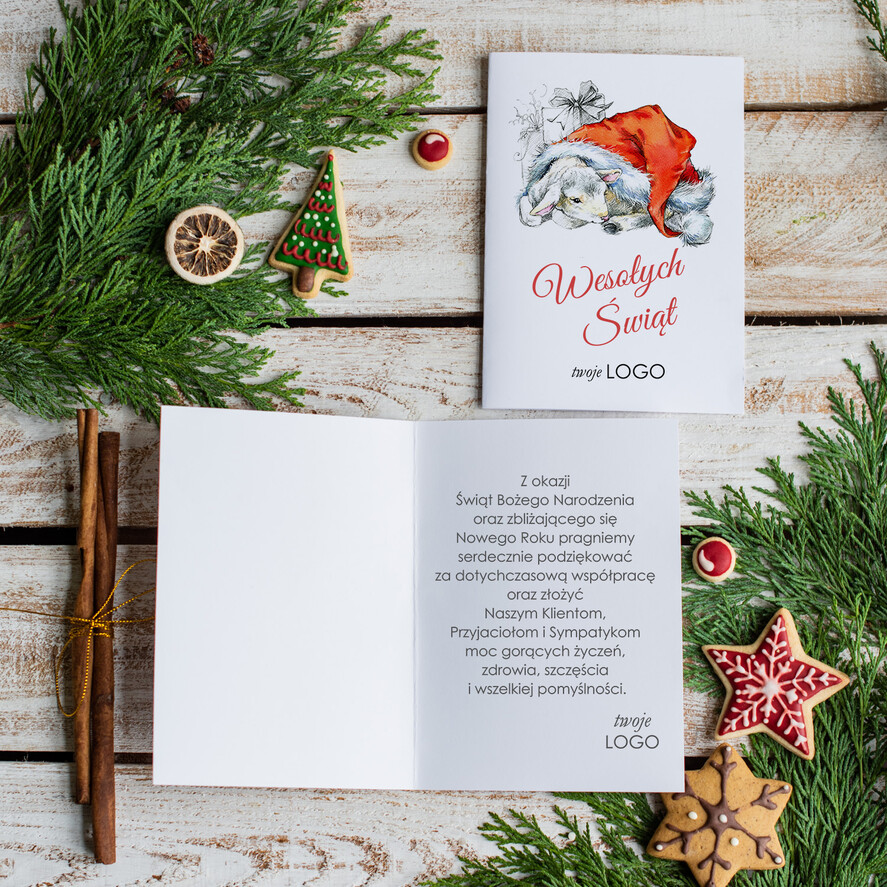 Kartki świąteczne z logo firmy Retro/nowoczesne kartka swiateczna z logo twojej firmy, eco brąz z grafiką i sznurkiem1