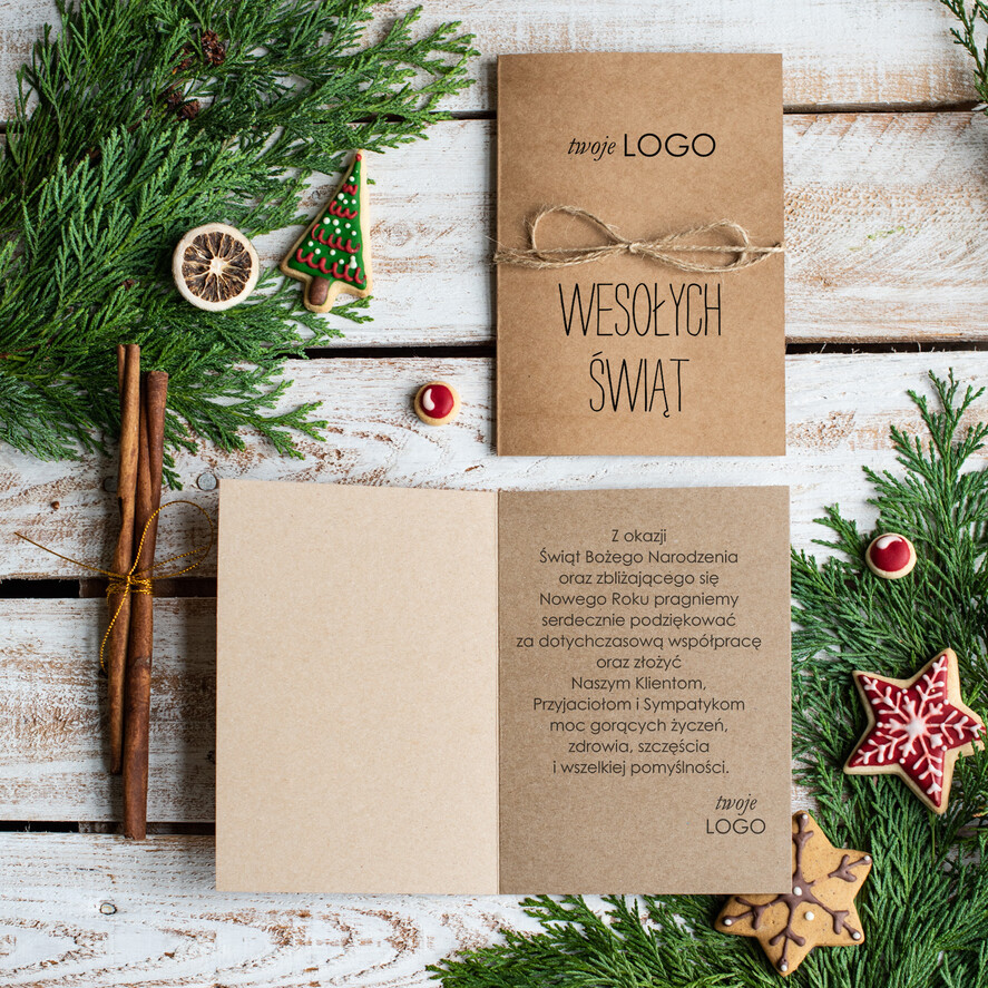 Kartki świąteczne z logo firmy Retro/nowoczesne kartki świąteczne dla firm z logo, białe kartki świąteczne z grafiką i sznurkiem1