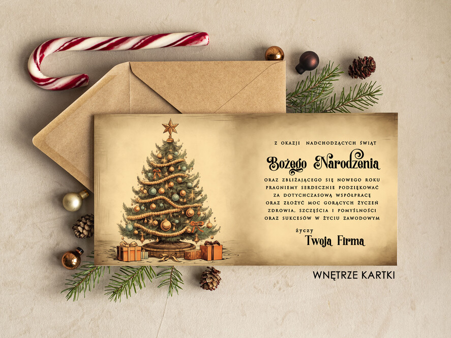 Kartki świąteczne z logo firmy Retro/nowoczesne biznesowe kartki świąteczne z Twoim logo, biznesowa kartka świąteczna, bożonarodzeniowa kartki z życzeniami dla klientów, noworoczna firmowa kartka1
