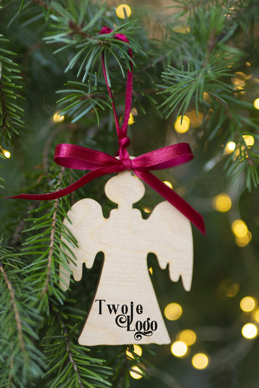 Kartki świąteczne z logo firmy kartka pudełko Biznesowe kartki świąteczne z logo w pudełku z bombką aniołek  na choinkę- drewniane zawieszki na choinkę prezent dla klientów3