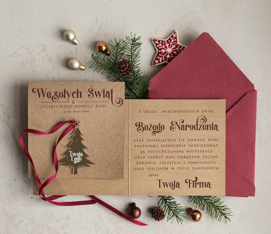 Kartki świąteczne z logo firmy z magnesem lub zawieszką na choinkę bożonarodzeniowa kartka świateczna dla Firm, kartki swiateczne z logo twojej firmy, biznesowa kartka świąteczna z zawieszką na choinkę1