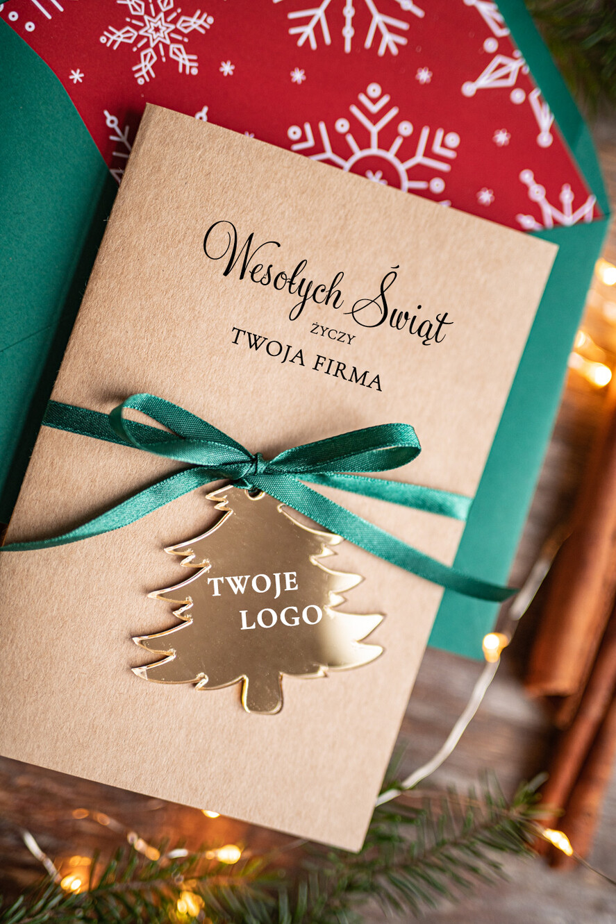 Kartki świąteczne z logo firmy z magnesem lub zawieszką na choinkę kartki świąteczne dla firm Złota bombka zawieszka na choinke z Logo firmy świateczna kartka firmowa choinka2
